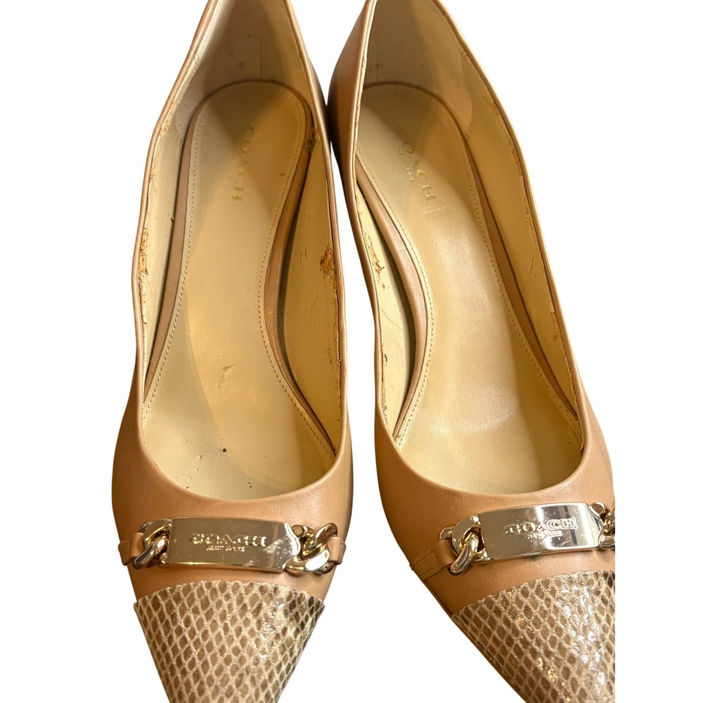 Coach Womens Tan Leather Snakeskin Cap Toe Logo Plate Kitten Heel Pumps 9B